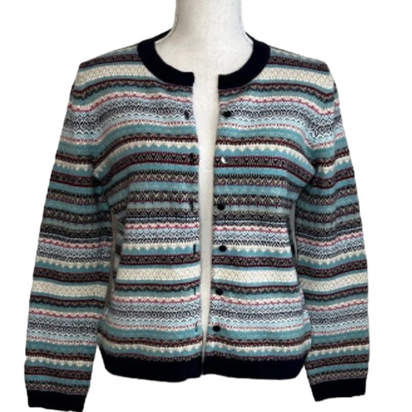 Talbots Fair Isle Stripe Knit Cardigan Sweater Blue Red Nylon Lambswool Buttons - Picture 5 of 11